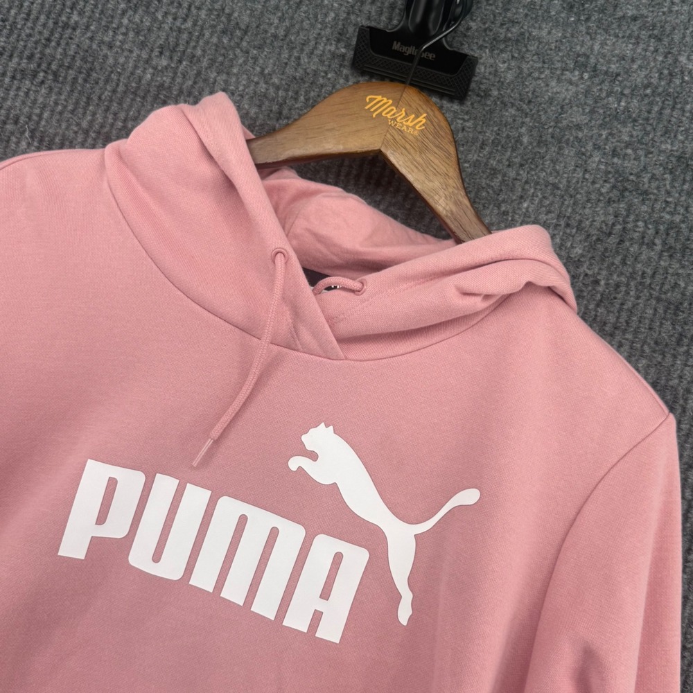 Puma Hoodie Women XL Pink Excellent Essentials Big Logo Pullover Fleece